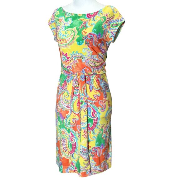 LAUREN RALPH LAUREN $169 Paisley Colorful Jersey Cap Sleeve Belted Dress Sz P XS - Picture 4 of 10